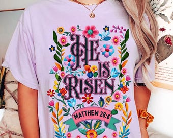 He is Risen png, Matthew 28:6, Retro Easter png, Easter Christian Png, Easter bible verse png,Christian Easter Spring Floral Embroidered Png