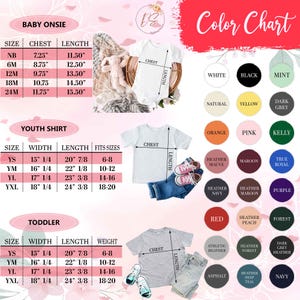 K&ouml;nnte beinhalten: Eine Gr&ouml;&szlig;entabelle und Farbkarte f&uuml;r Baby-Bodys, Jugend-Shirts und Kleinkind-Shirts. Die Tabelle enth&auml;lt Ma&szlig;e in Zoll f&uuml;r Brust, L&auml;nge und Breite sowie eine Farbpalette mit verschiedenen Farbt&ouml;nen.