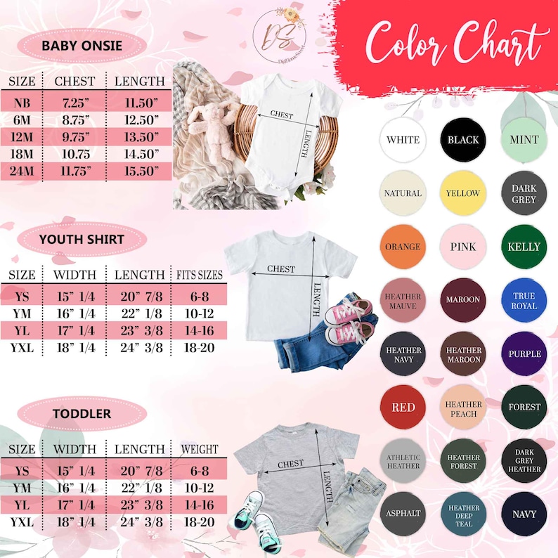 K&ouml;nnte beinhalten: Eine Gr&ouml;&szlig;entabelle und Farbkarte f&uuml;r Baby-Bodys, Jugend-Shirts und Kleinkind-Shirts. Die Tabelle enth&auml;lt Ma&szlig;e in Zoll f&uuml;r Brust, L&auml;nge und Breite sowie eine Farbpalette mit verschiedenen Farbt&ouml;nen.