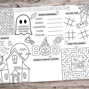 Könnte beinhalten: Schwarz-weiß Halloween-Aktivitätsblatt mit Wortsuche, Wortsalat, Tic-Tac-Toe und einem Labyrinth. Mit einem Spukhaus, Kürbis, Geistern und Süßigkeiten. Enthält den Text "Happy Halloween!"