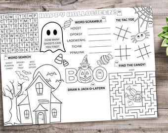 May include: Black and white Halloween activity sheet with word search, word scramble, tic-tac-toe, and a maze. Features a haunted house, jack-o'-lantern, ghosts, and candy. Includes the text "Happy Halloween!"
