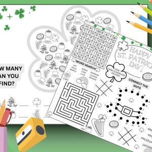 Op de afbeelding: Een St. Patrick's Day-activiteitenset met kleurplaten, woordzoekers, doolhoven en verbind-de-stippen-spellen. De pagina's bevatten klavers, potten met goud en kabouterhoeden. Gekleurde potloden en een puntenslijper zijn ook zichtbaar.