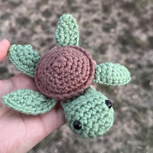 May include: A crocheted green sea turtle with brown shell and black eyes.