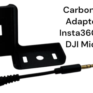 May include: Black carbon fiber adapter for connecting an Insta360 X4 to a DJI Mic Mini. The adapter has a 3.5mm jack and a black cable with a gold-colored tip.