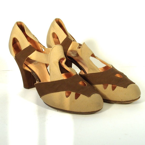 1930s summer sandals in brown and beige, size 9
