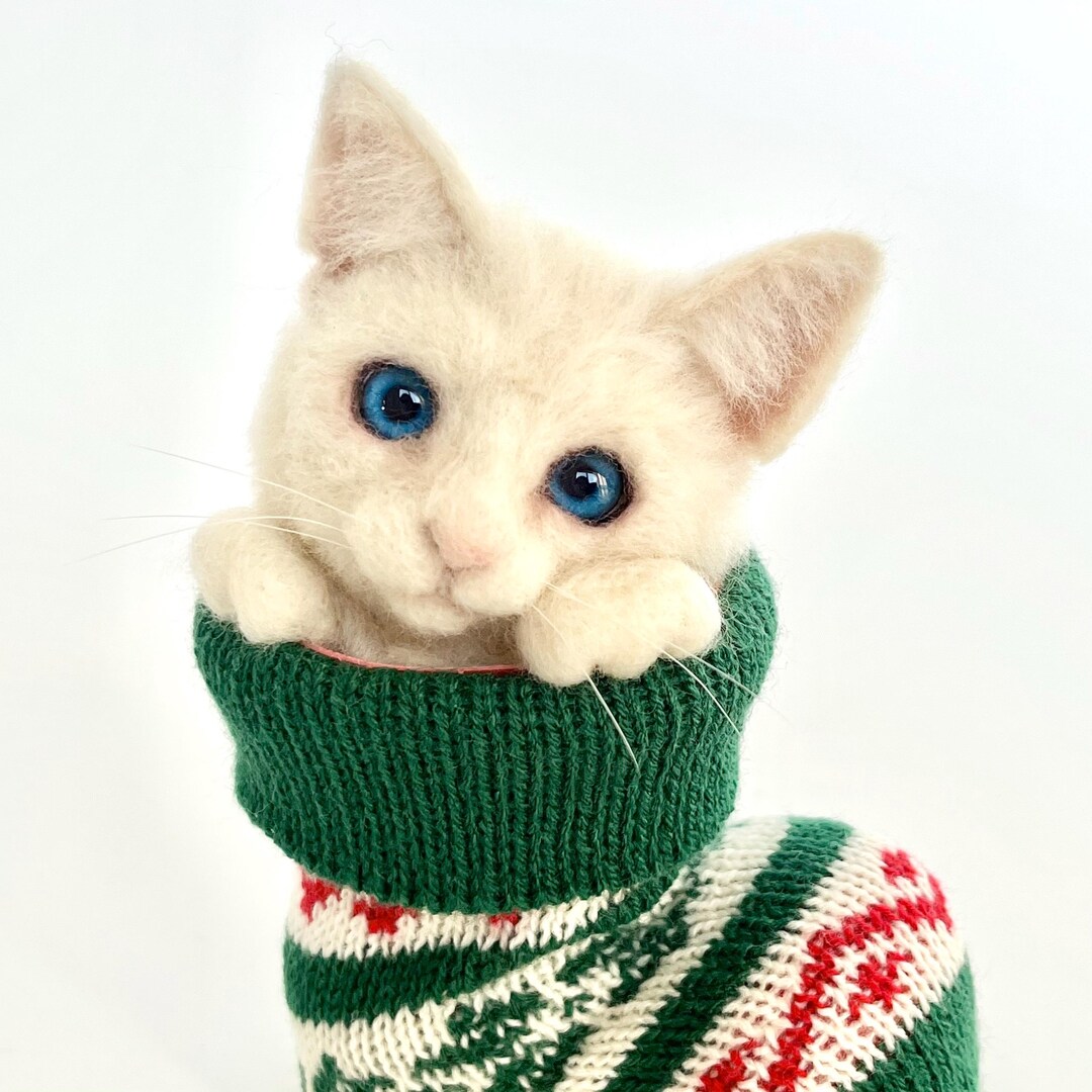 Needle Felted Kitten in Christmas Stocking Handmade Wool Cat Art