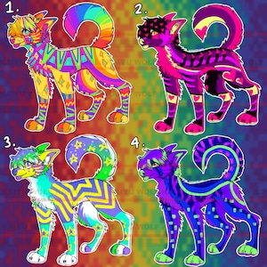 May include: Four colorful digital illustrations of dogs with different patterns and colors. The dogs are in a rainbow background with numbers 1 through 4.