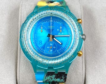 Relógio Swatch Mark Spitz Aqua Chrono SBZ103, edição especial dos Jogos Olímpicos de Atlanta de 1996 - Novo, com caixa.