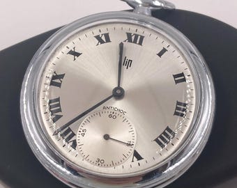 Relógio de bolso vintage francês LIP de corda manual com mostrador aberto, década de 1960 - Totalmente revisado.