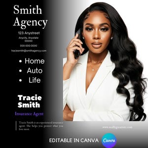 May include: A black and white business card with the text "Smith Agency" and contact information for Tracie Smith, an insurance agent. The card also lists the types of insurance offered: Home, Auto, and Life. The card has a white background with black text. The image also includes a photo of a woman on the phone, wearing a white blazer and a gold necklace.