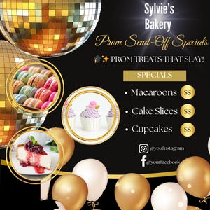 Personalisierbarer Gebäck-Leckerei-Flyer | Süßes Ereignis bearbeitbare Vorlage | Abiball | Abschlussball-Vorlage | Abschlussball- Menü