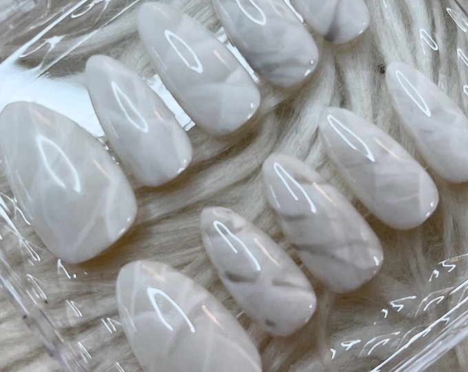 White Quartz Marble Gel X Hand-Painted Press On Nails
