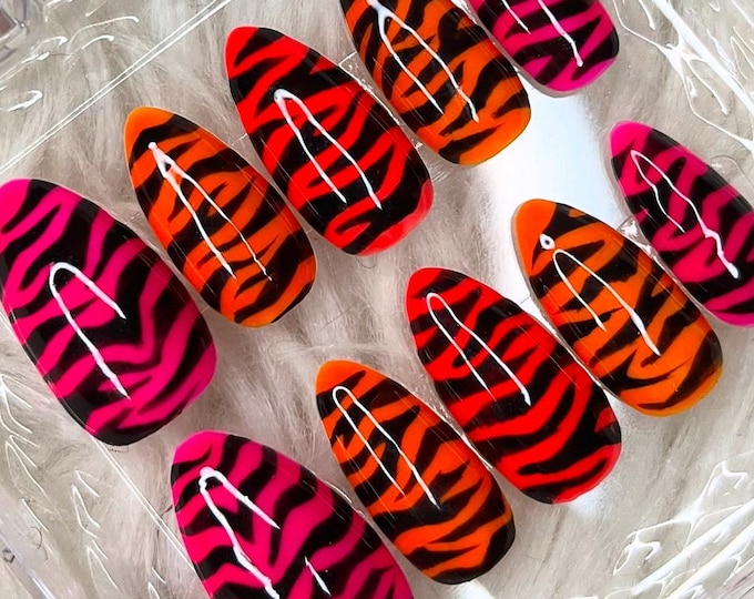 Tiger Stripe Lisa Frank Neon Gel X Hand-Painted Press On Nails