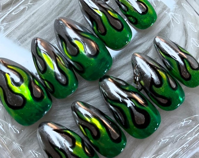 Hot Wheels Pierced Flame Gel X Hand-Painted Press On Nails