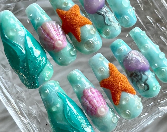 Mermaid Underwater Gel X Hand-Painted Press On Nails
