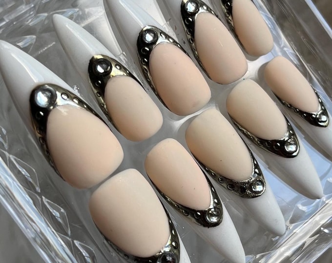 Cuffed French Manicure Wedding Gel X Hand-Painted Press On Nails