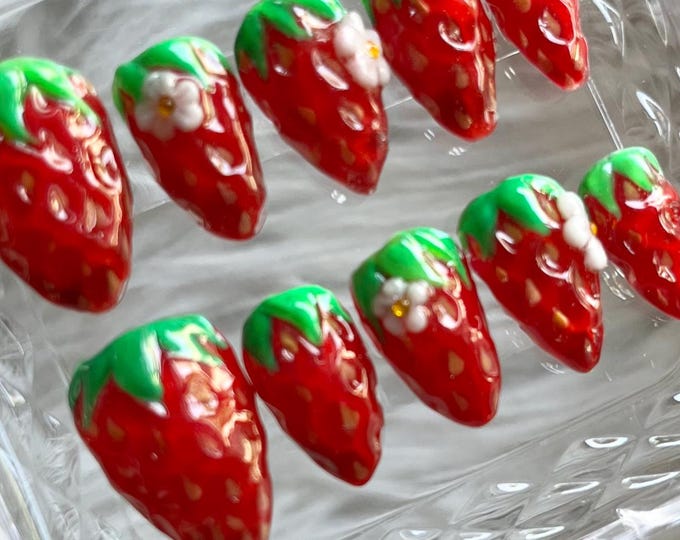 Summer Strawberry 3D Gel X Hand-Painted Press On Nails