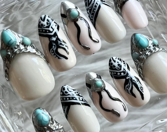 Cowgirl Turquoise Bandana Gel X Hand-Painted Press On Nails