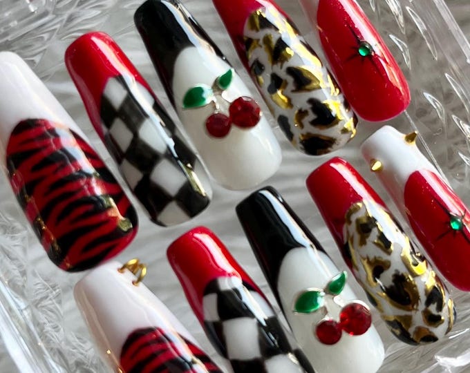 Cherry Bomb Rockabilly Gel X Hand-Painted Press On Nails