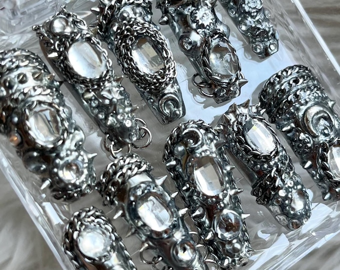 Monochrome Silver Spike Junk Punk Gel X Hand-Painted Press On Nails