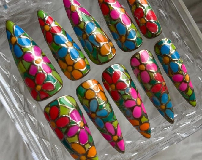 Stained Glass Flowers Gel X Hand-Painted Press On Nails for Summer
