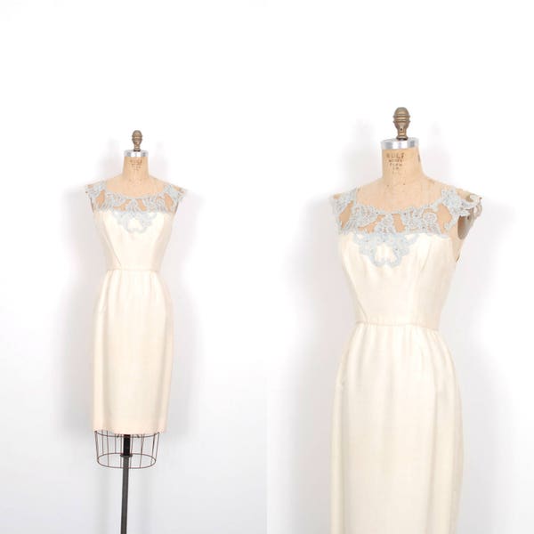 Vintage 1950s Dress / 50s Silk and Lace Cocktail Dress / Cream and Blue ( small S )