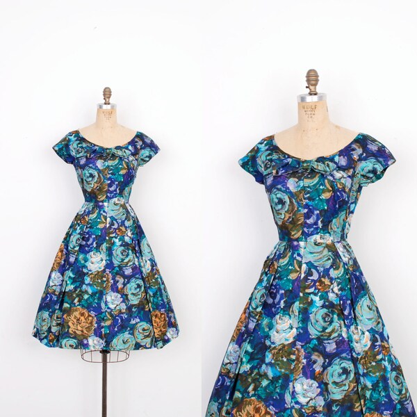 Vintage 1950s Dress / 50s Floral Polished Cotton Dress / Blue and Purple (small S)