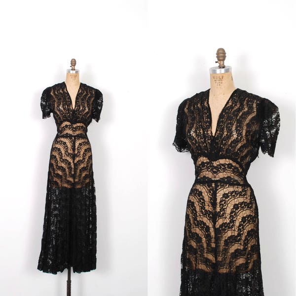 Robe vintage des années 1930 / 30 s robe de dentelle toile d’araignée / Black (M S)