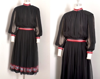 Vintage 1980s Dress /80s Pleated Chiffon Ribbon Dress / Black Pink ( medium M )