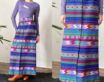 Vintage 1970s Skirt / 70s Geometric Cotton Maxi Skirt / Purple Blue Pink ( small S )