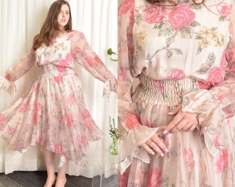 Vintage 1980s Dress / 80s Diane Freis Rose Print Floral Dress / Pink ( M L )