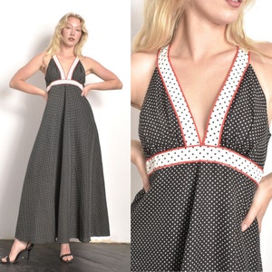 Vintage 1970s Dress / 70s Polka Dot Maxi Dress / Black White Red S M image 1