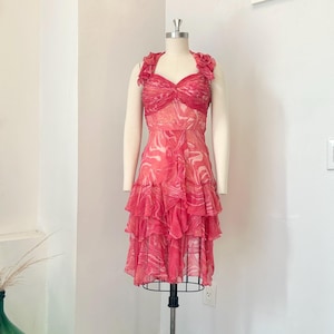 Vintage Y2k Dress / 2000s Diane Freis Ruffled Silk Halter Mini Dress / Pink ( small S )