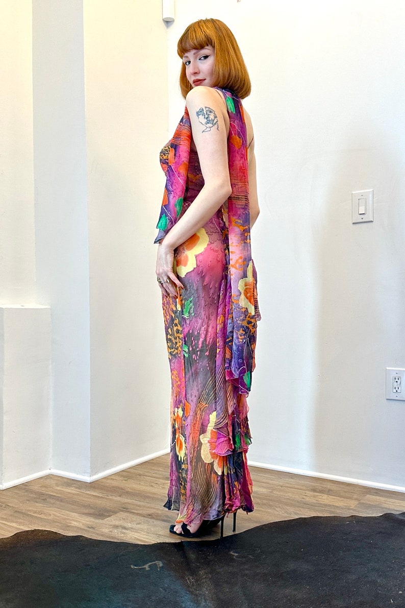 Vintage 2000s Dress / Y2K Diane Freis Colorful Silk Gown / Orange Pink M L image 4