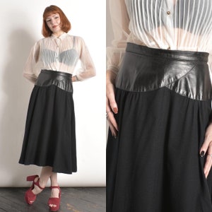 Vintage 1980s Dress / 80s Wool Skirt with Leather Waistband / Black small S image 1