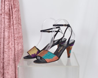 Vintage 1970s Shoes / 70s Halston Colorful Embroidered Heels / Black Rainbow ( size 6.5 )