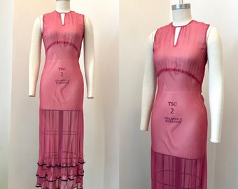 Vintage 1930s Dress / 30s Sheer Silk Chiffon Dress / Pink Blue ( S )