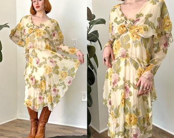 Vintage 1980s Dress / 80s Holly's Harp Floral Chiffon Dress / Cream Yellow Green ( M L )