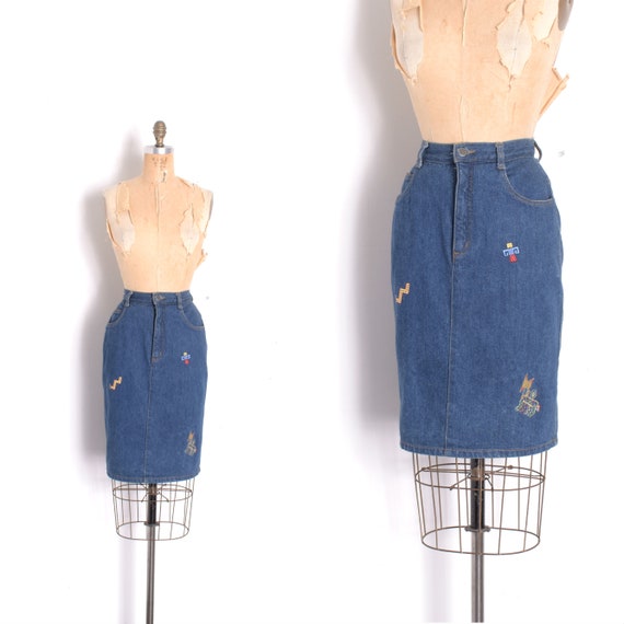 Vintage 1980s Skirt / 80s Embroidered Denim Skirt