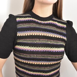 Vintage 1940s Sweater / 40s Colorful Striped Knit Top / Black small S image 3