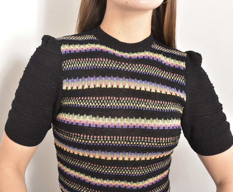 Vintage 1940s Sweater / 40s Colorful Striped Knit Top / Black small S image 3