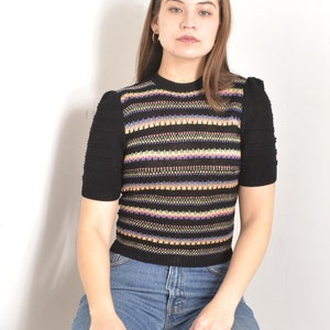 Vintage 1940s Sweater / 40s Colorful Striped Knit Top / Black small S image 1