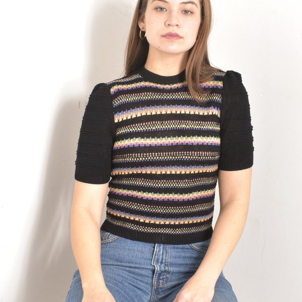 Vintage 1940s Sweater / 40s Colorful Striped Knit Top / Black ( small S )