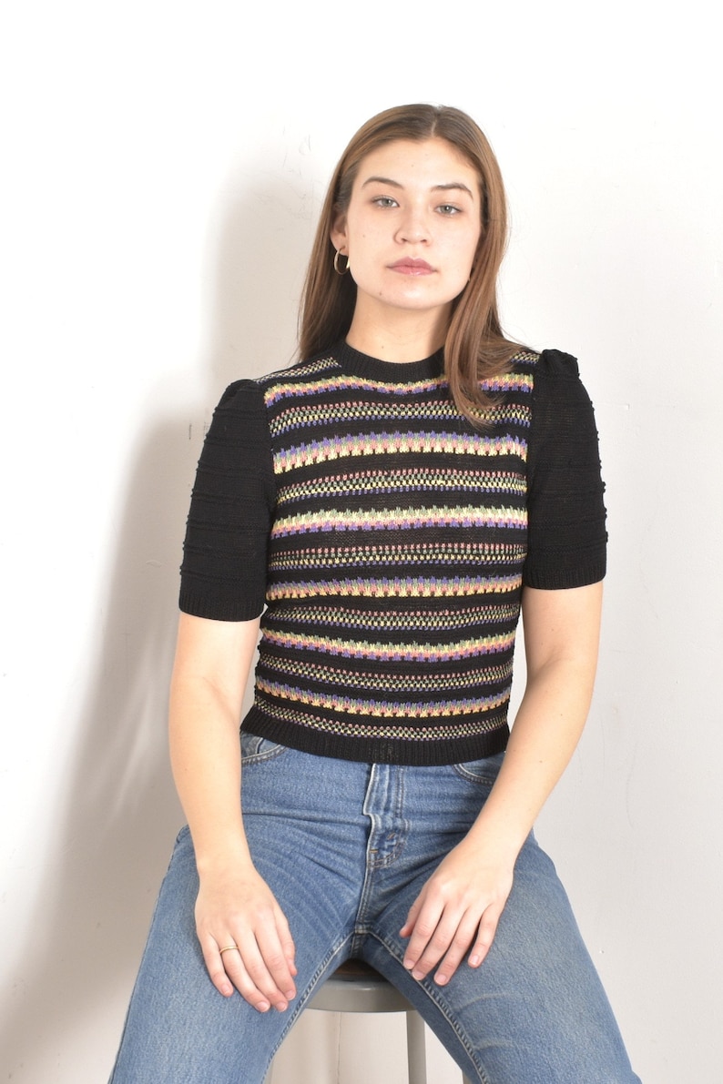 Vintage 1940s Sweater / 40s Colorful Striped Knit Top / Black small S image 1