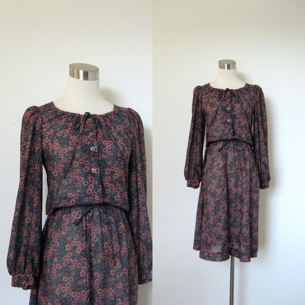 1970s Dress / 70s Blue and Pink Floral Boho Dress / Sheer (medium M)