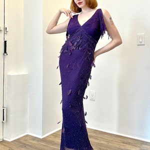 Vintage 2000s Dress / Y2K Diane Freis Beaded Feather Gown / Purple ( Small S )