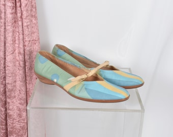 Scarpe vintage / Ballerine Ferragamo in raso stampato / Verde e blu (taglia 8.5)
