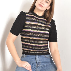 Vintage 1940s Sweater / 40s Colorful Striped Knit Top / Black small S image 2