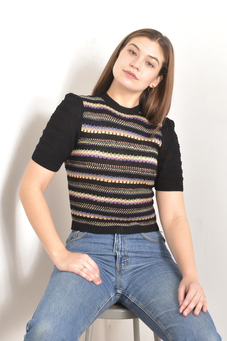 Vintage 1940s Sweater / 40s Colorful Striped Knit Top / Black small S image 2