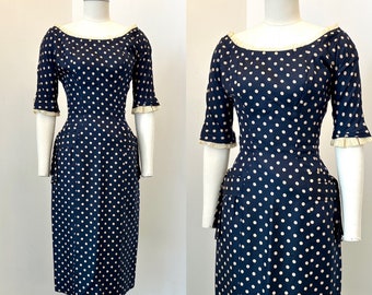 Vintage 1950s Dress / 50s Suzy Perette Polka Dot Silk Dress / Navy Blue White ( XS S )